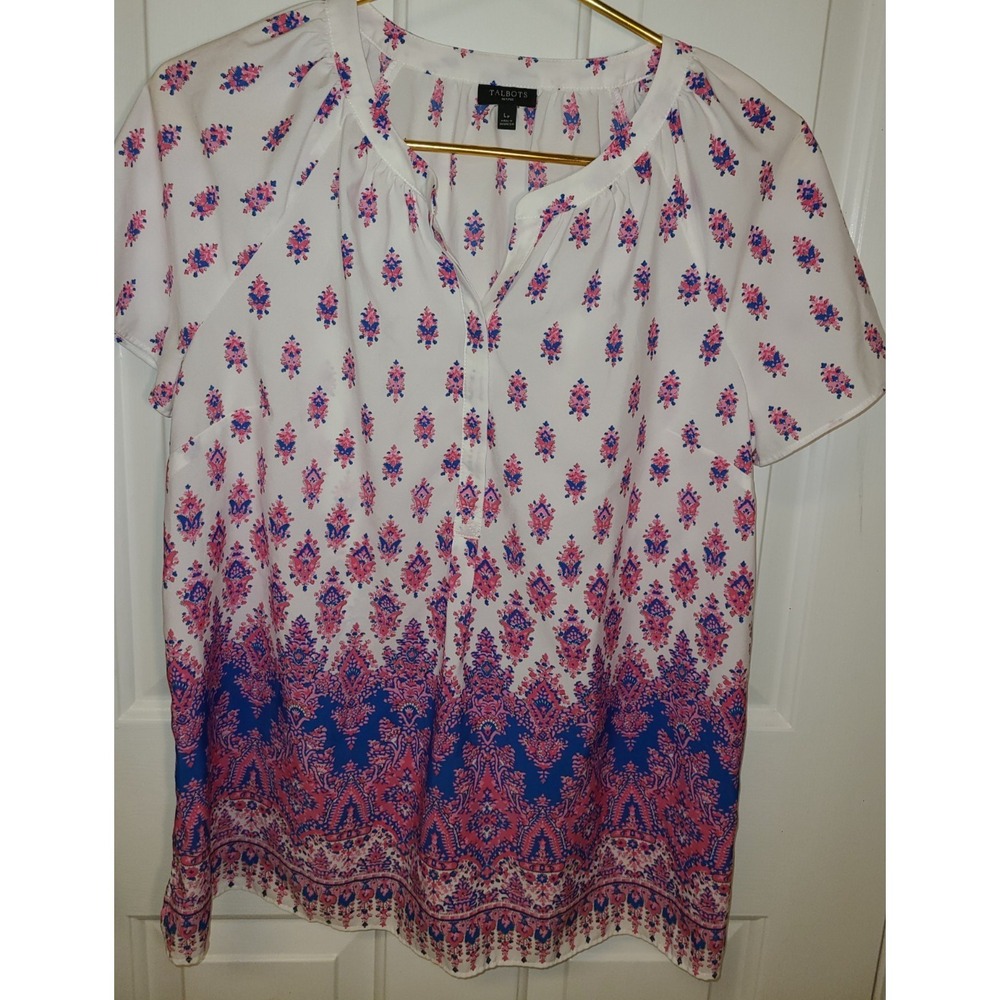 Talbots Top Womens Lg P Multicolor Print Short Sleeve White Pink Blue‎ Polyester
